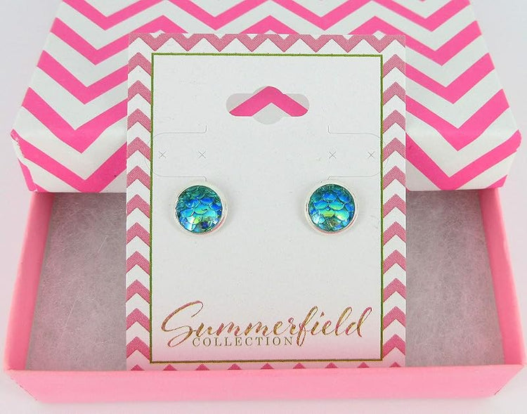 Summerfield Collection Silver-tone Metallic Mermaid Scale Stud Earrings 8mm (Aqua Blue/Green)