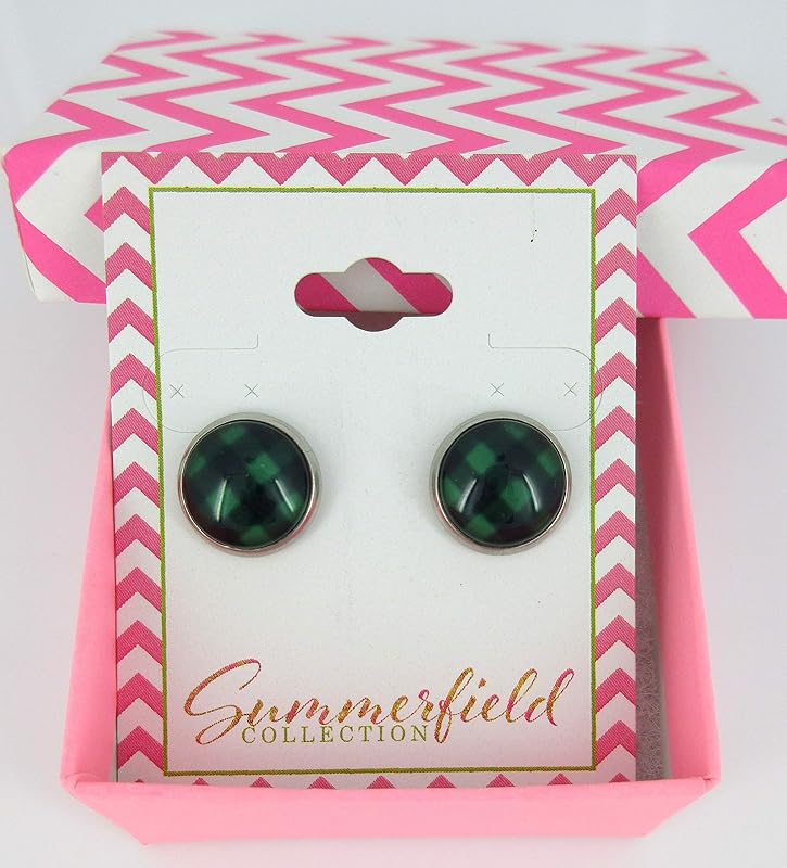Summerfield Collection Stainless Steel Buffalo Plaid Print Glass Stud Earrings 12mm (Green/Black)