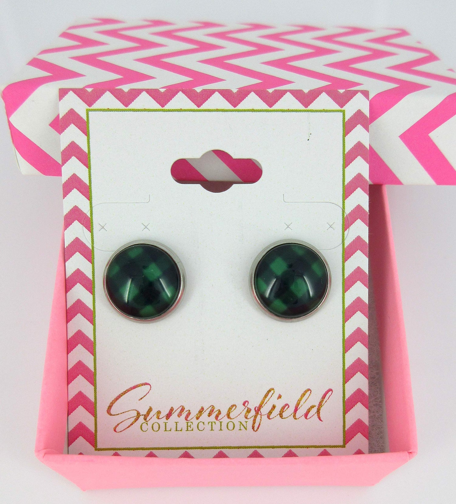 Stainless Steel Black and Green Buffalo Plaid Print Glass Stud Earrings 12mm