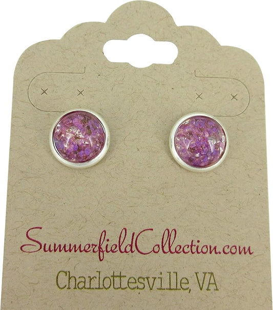 Summerfield Collection Silver-tone Clear and Dried Flower Resin Stud Earrings 10mm (Purple)