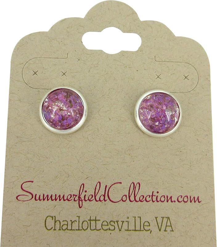 Summerfield Collection Silver-tone Clear and Dried Flower Resin Stud Earrings 10mm (Purple)