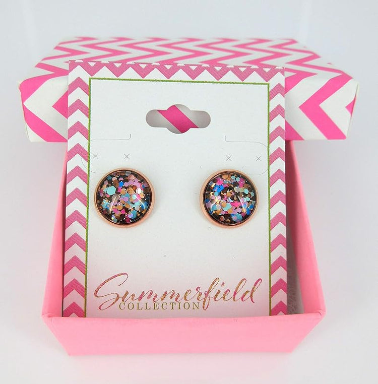 Summerfield Collection Rose Gold-tone Blue Pink Purple Glitter Glass Stud Earrings 12mm Hand-painted