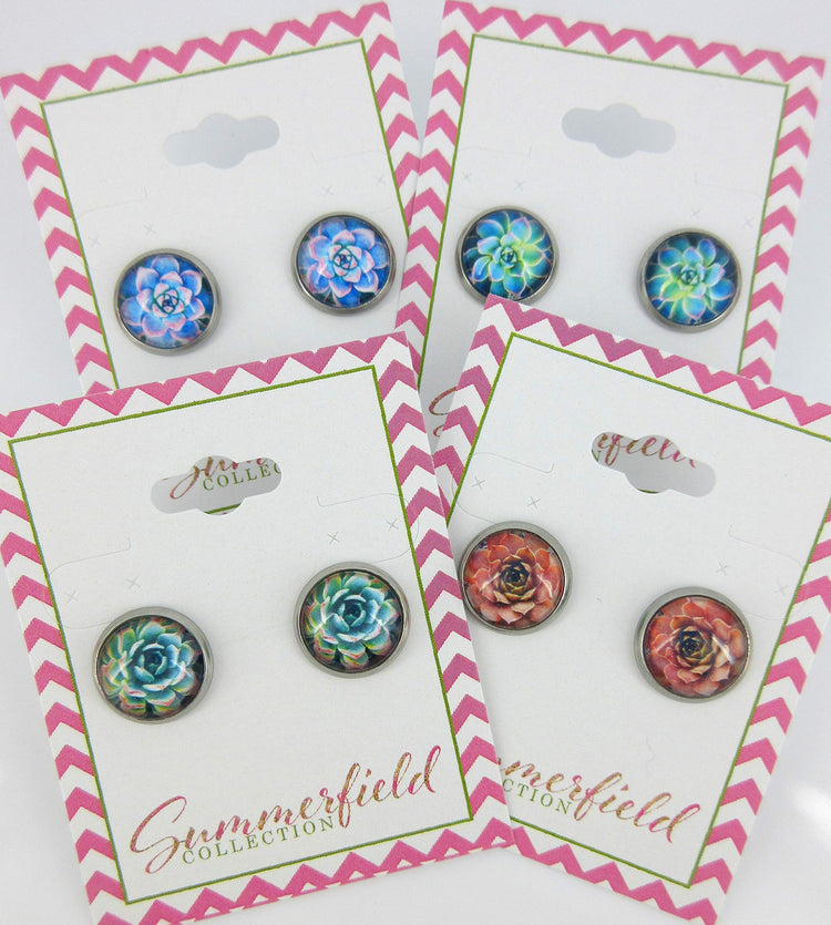 Stainless Steel Succulent Plant Print Glass Stud Earrings 12mm (Coral)