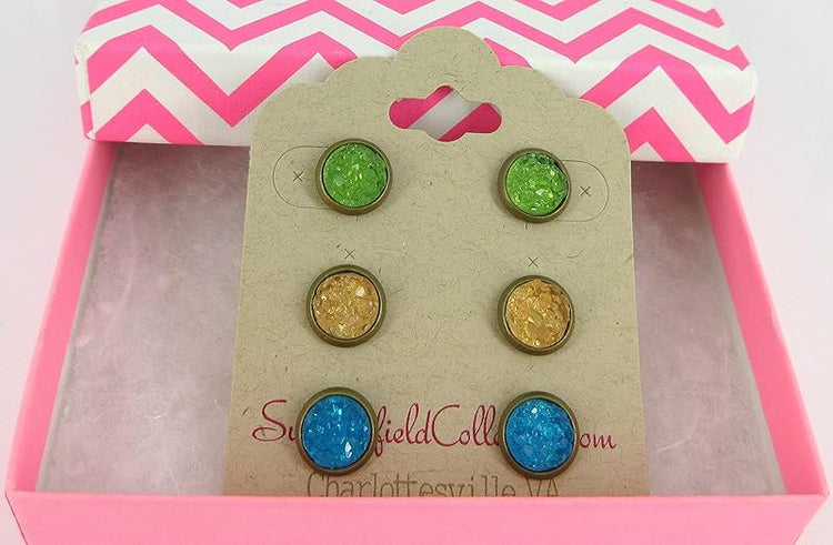 Summerfield Collection Trio Antiqued Gold-tone Stud Earrings 8mm Faux Druzy Stone Set (Green/Yellow/Blue)