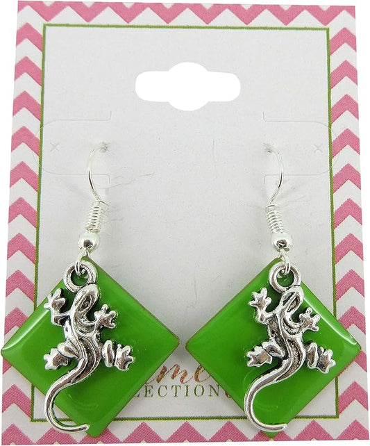 Summerfield Collection Silver-tone Green Enamel Gecko Lizard Charm Dangle Earrings