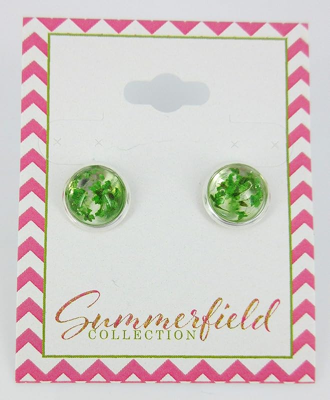 Summerfield Collection Silver-tone Clear and Dried Flower Resin Stud Earrings 10mm (Green)