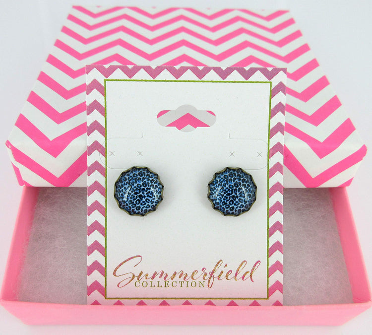 Antiqued Gold-tone Animal Print Glass Stud Earrings 12mm (Med Blue)