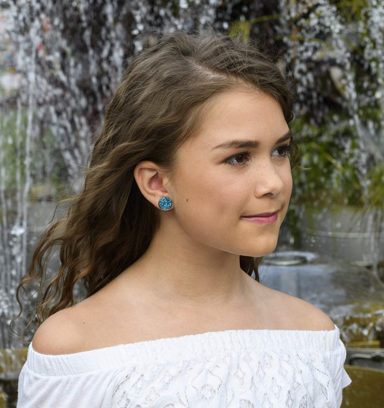 Stainless Steel Ocean Gold Teal Blue Glitter Faux Druzy Stone Stud Trio Earrings Set