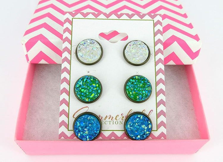 Summerfield Collection Trio Antiqued Gold-tone Stud Earrings Faux Druzy Stone Clear AB Sea Blue Green Set 12mm