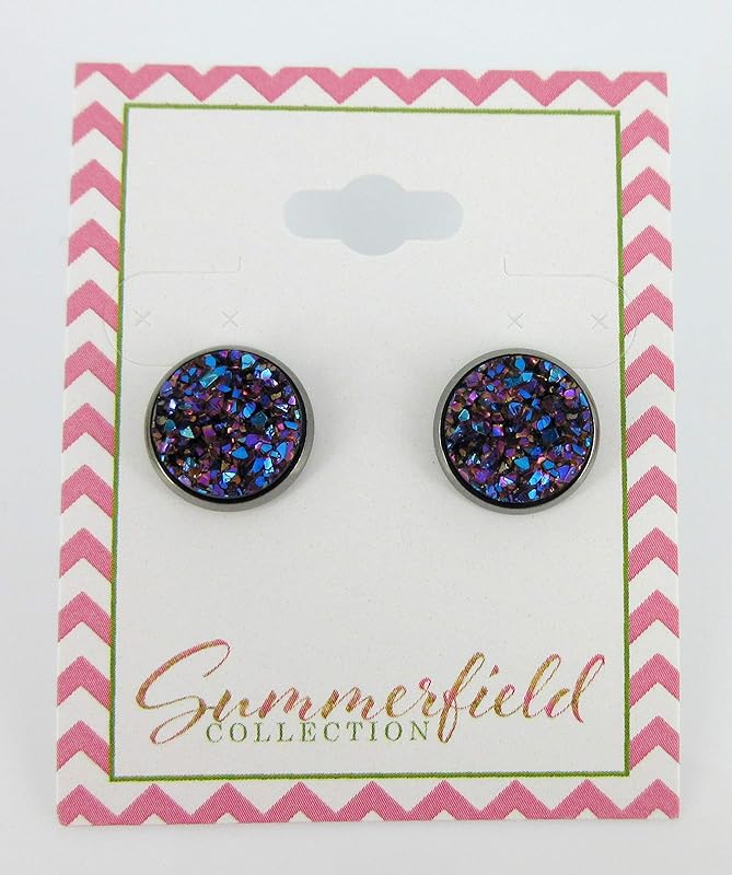 Summerfield Collection Hematite-tone Faux Druzy Stone Stud Earrings 12mm (Purple Pink and Teal)