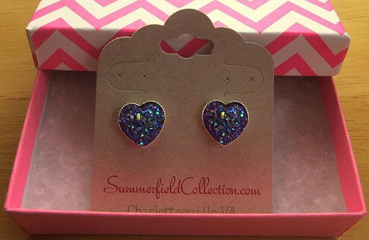 Summerfield Collection Silver-tone Heart Faux Druzy Stone Stud Earrings 12mm (Purple AB)