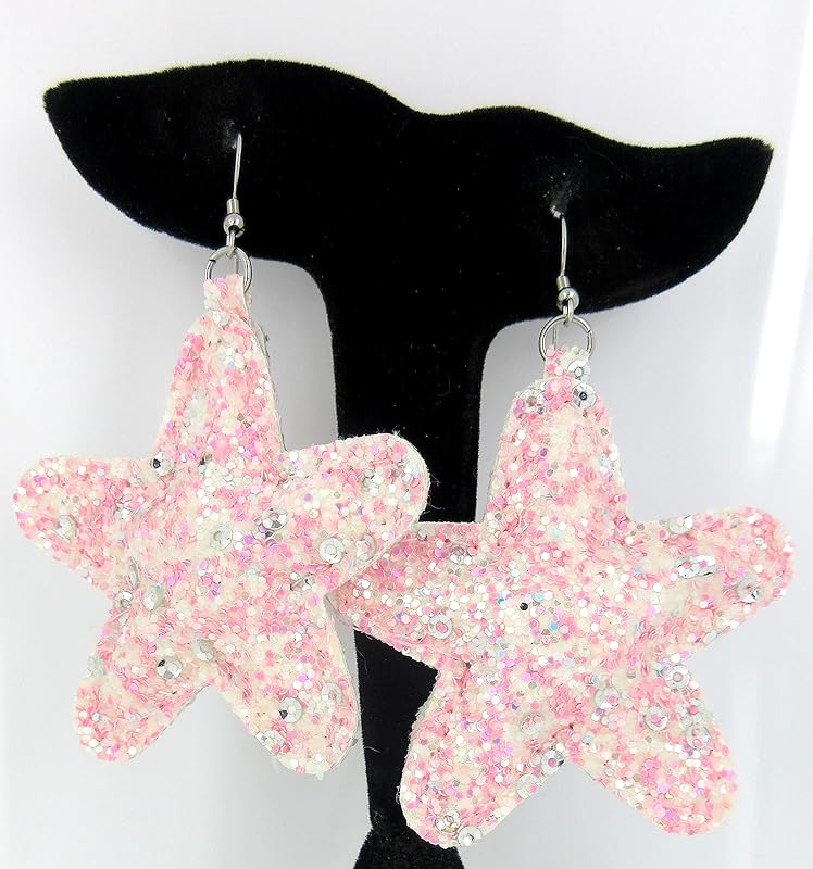Summerfield Collection Stainless Steel Pastel Glitter Faux Leather Large Puffy Star Dangle Earrings (Medium Pink)