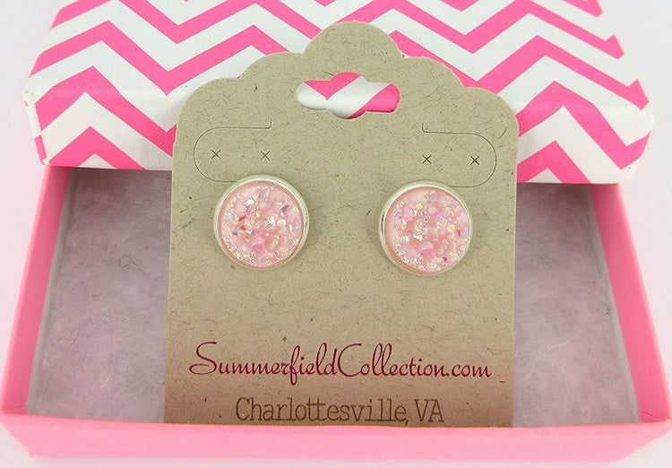 Summerfield Collection Silver-tone Pastel AB Faux Druzy Stone Stud Earrings 12mm (Ballet Pink)