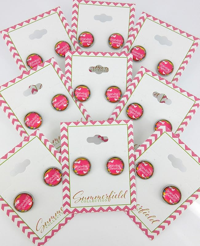 Summerfield Collection Stainless Steel Grandma's Sweetie Print Glass Stud Earrings 12mm Pink