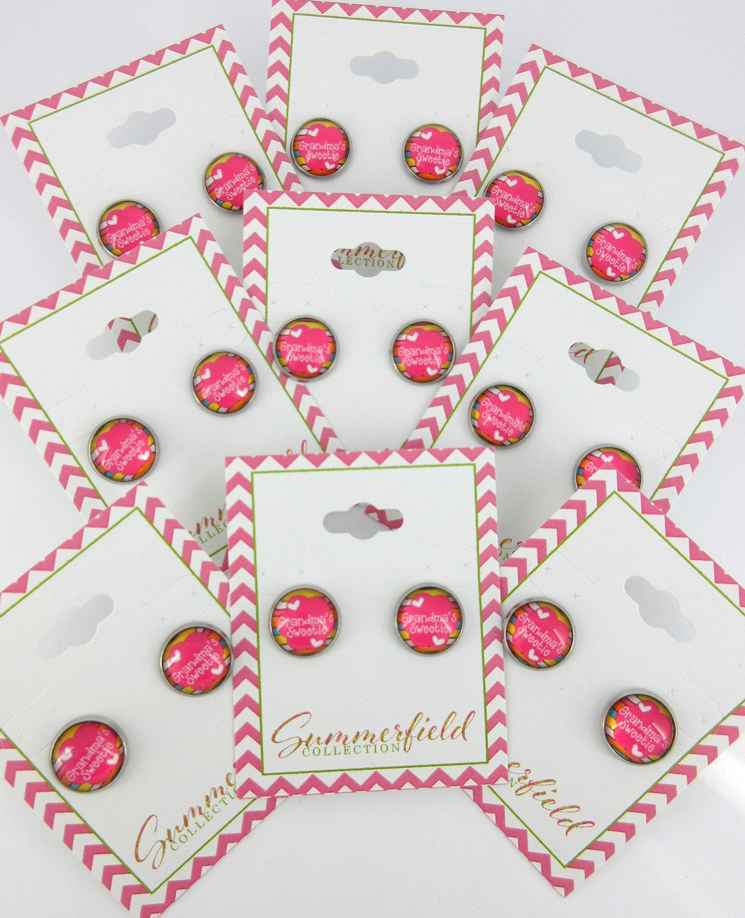 Stainless Steel Grandma's Sweetie Print Glass Stud Earrings 12mm Pink