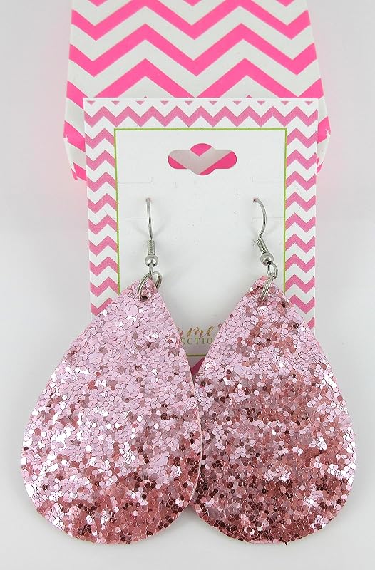 Summerfield Collection Silver-tone Glitter Faux Leather Large Teardrop Dangle Earrings (Light Pink)