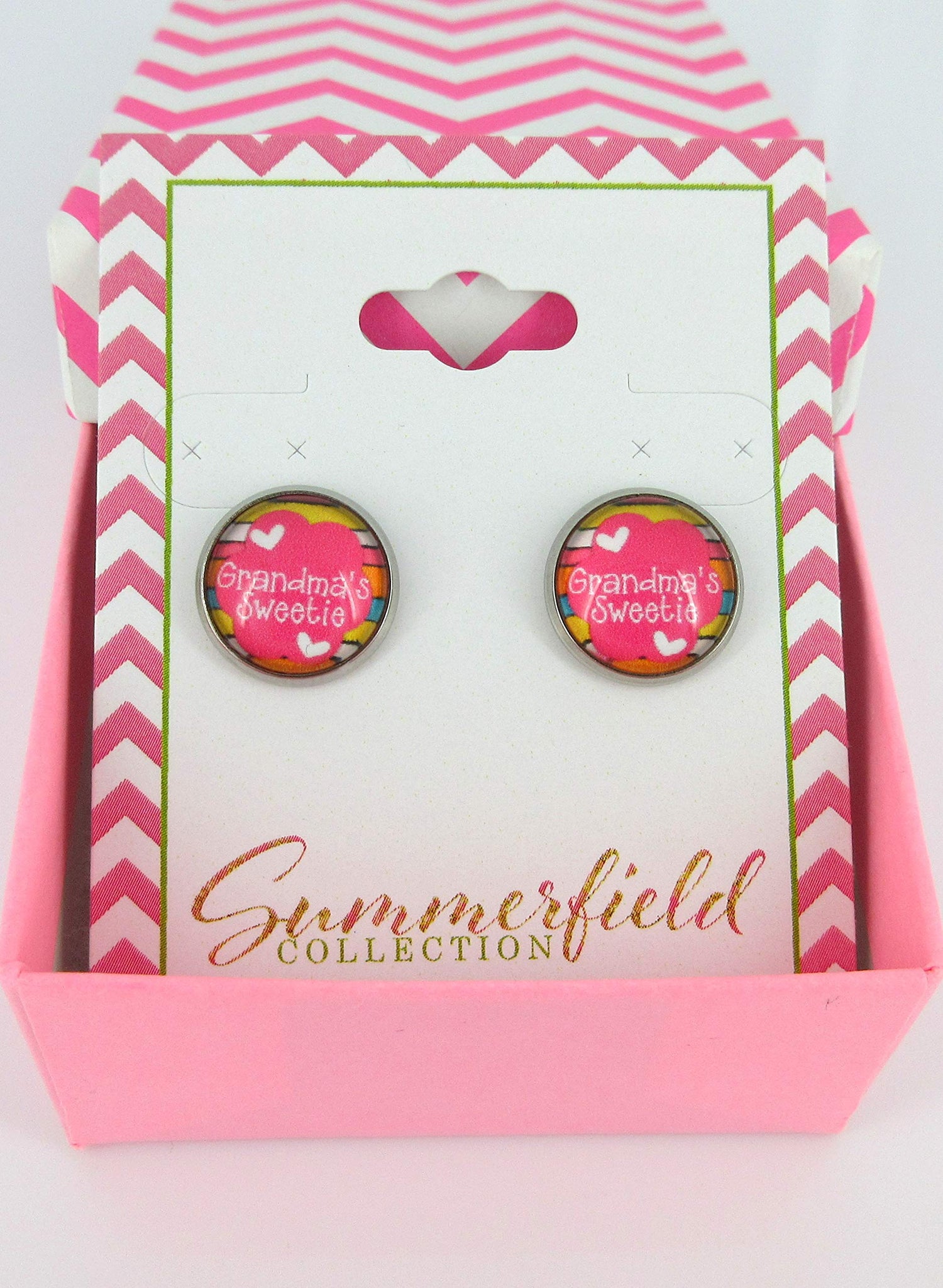 Stainless Steel Grandma's Sweetie Print Glass Stud Earrings 12mm Pink