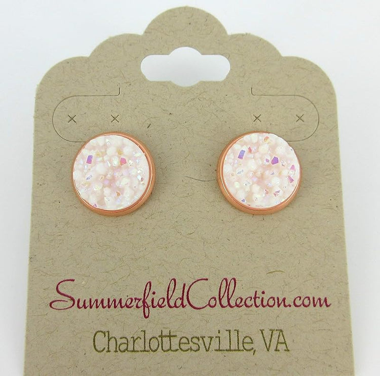 Summerfield Collection Rose Gold-tone Faux Druzy Stone Stud Earrings 12mm (White)