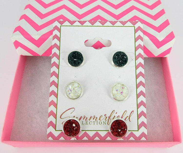 Summerfield Collection Trio Silver-tone Stud Earrings 8mm Faux Druzy Stone Set (Red/White AB/Green)