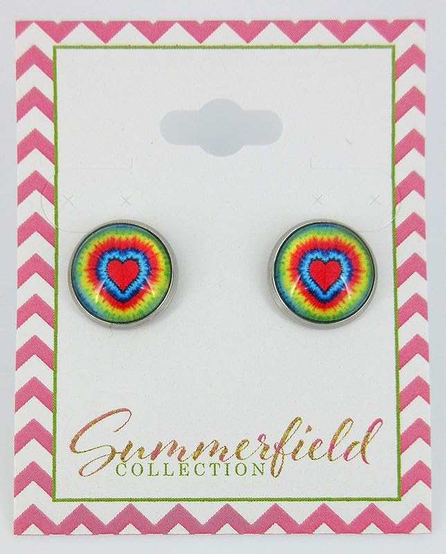 Summerfield Collection Stainless Steel Tie Dye Print Glass Stud Earrings 12mm (Heart)