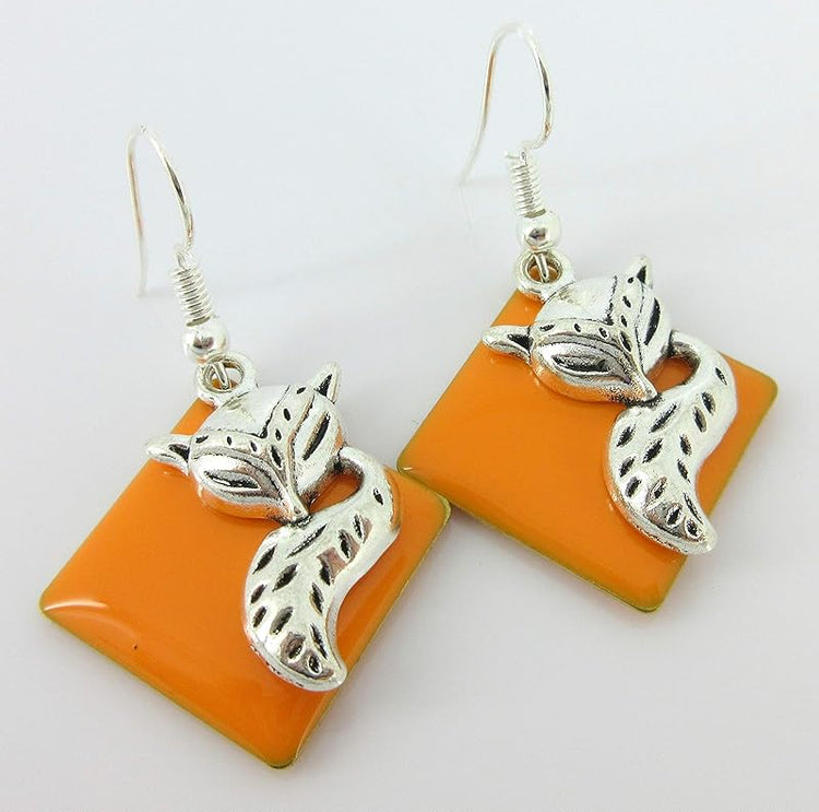 Summerfield Collection Silver-tone Orange Enamel Fox Charm Dangle Earrings