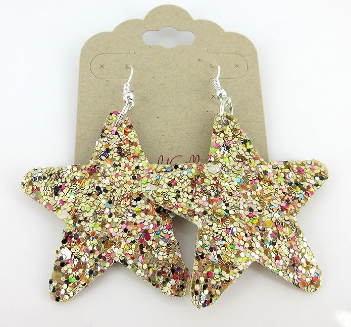 Glitter Faux Leather Large Star Dangle Earrings (Gold and Rainbow)