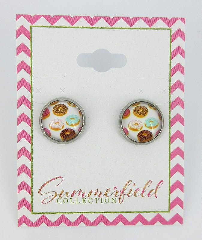 Summerfield Collection Stainless Steel Pink Blue Brown Doughnut Print Glass Stud Earrings 12mm