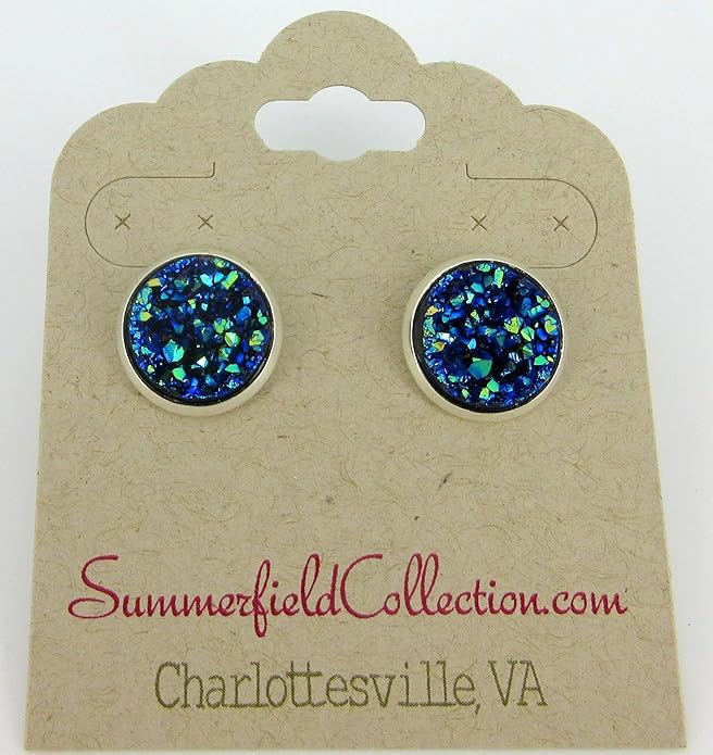 Silver-tone Metallic Faux Druzy Stone Stud Earrings 12mm (Blue)