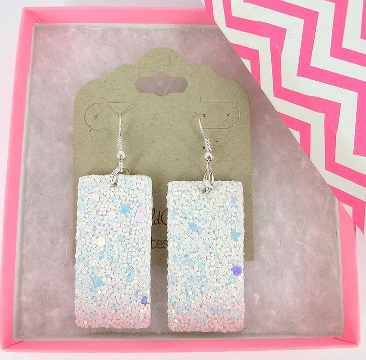 Summerfield Collection Silver-tone Glitter Faux Leather Large Rectangle Dangle Earrings (White)