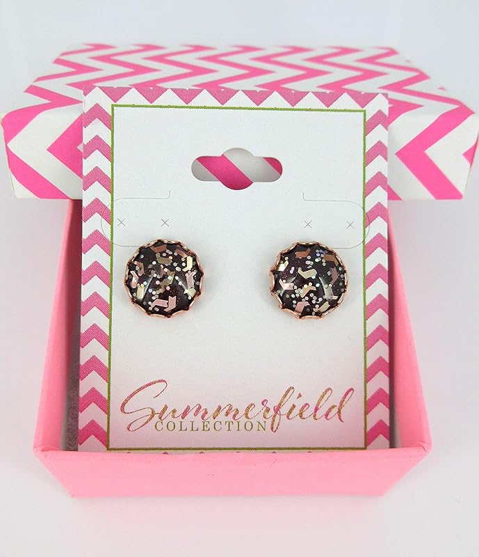 Summerfield Collection Rose Gold-tone Chevron Flake Glitter Glass Stud Earrings 12mm Hand-painted