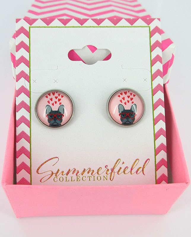 Summerfield Collection Stainless Steel French Bulldog Sunglasses Print Glass Stud Earrings 12mm