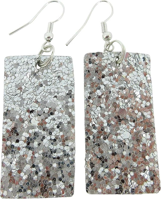 Summerfield Collection Silver-tone Glitter Faux Leather Large Rectangle Dangle Earrings (Silver)