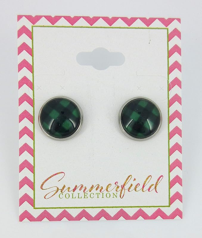 Summerfield Collection Stainless Steel Buffalo Plaid Print Glass Stud Earrings 12mm (Green/Black)