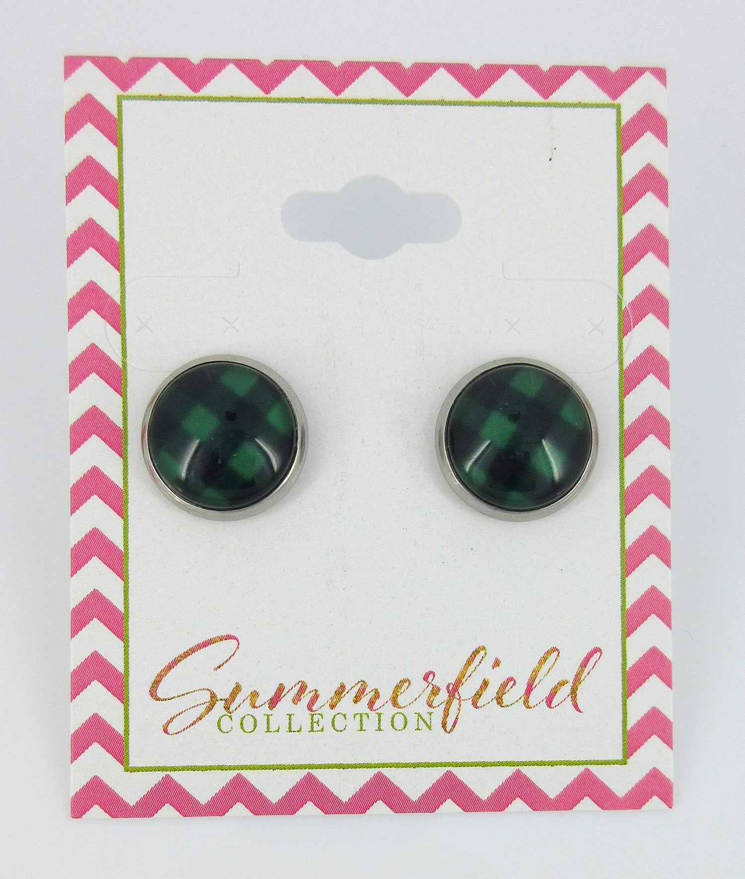 Stainless Steel Black and Green Buffalo Plaid Print Glass Stud Earrings 12mm
