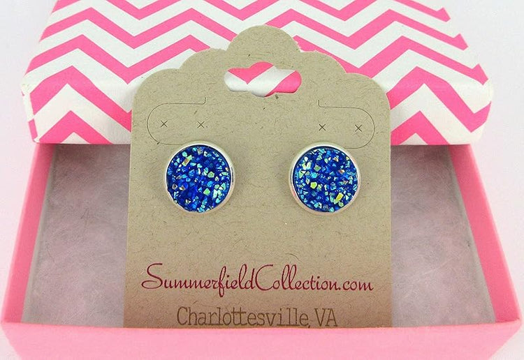 Summerfield Collection Silver-tone Solid AB Faux Druzy Stone Stud Earrings 12mm (Royal Blue)