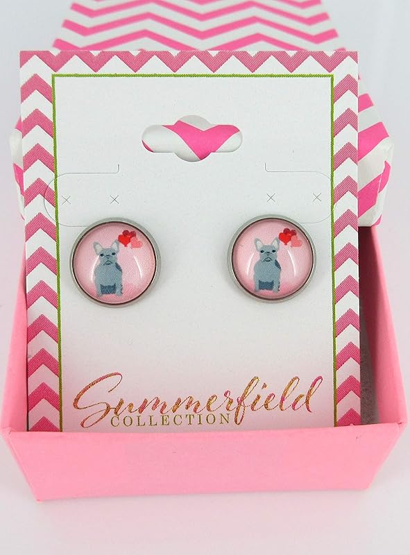 Summerfield Collection Stainless Steel Pink Gray French Bulldog Hearts Print Glass Stud Earrings 12mm
