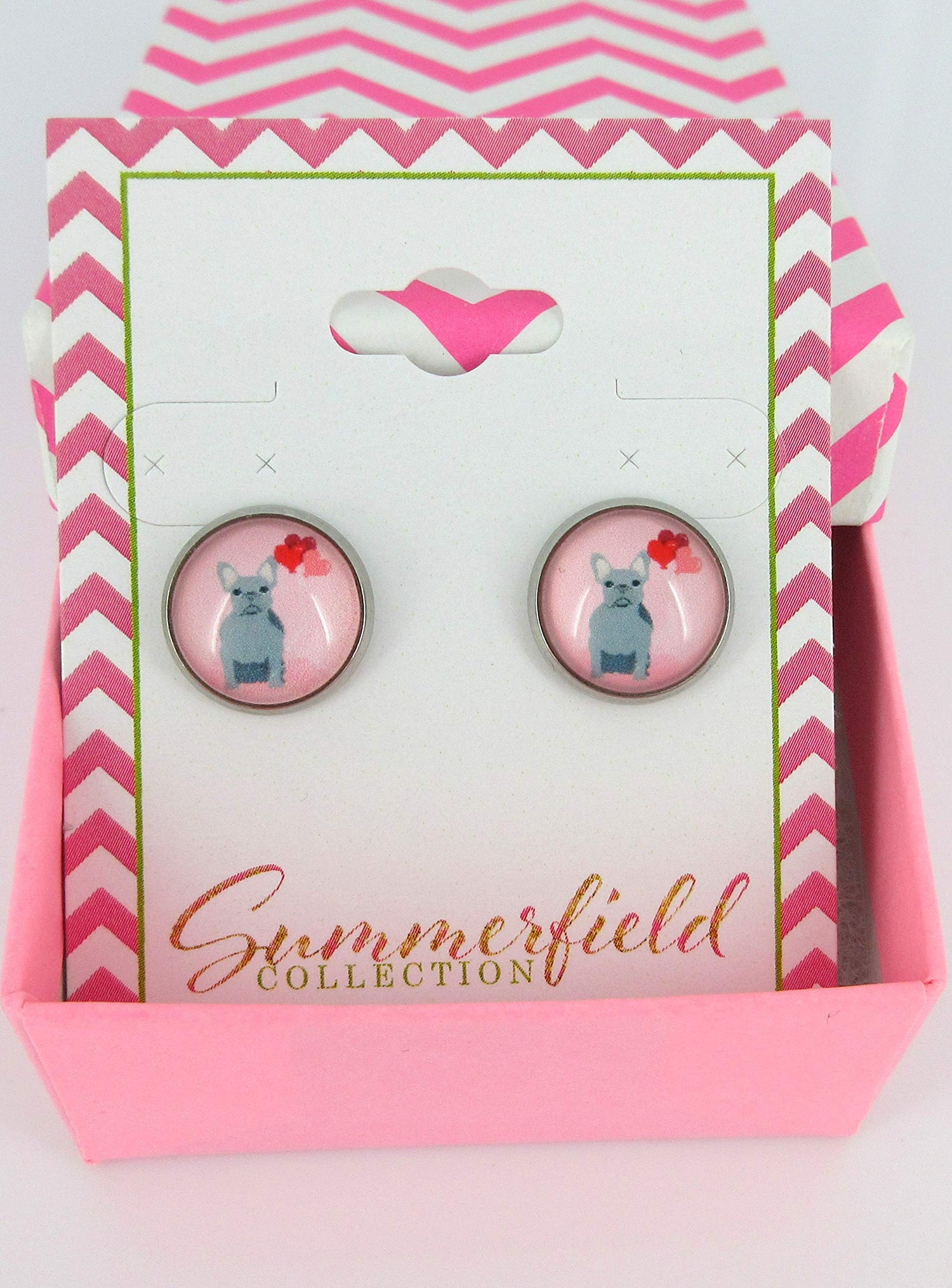 Stainless Steel Pink Gray French Bulldog Hearts Print Glass Stud Earrings 12mm