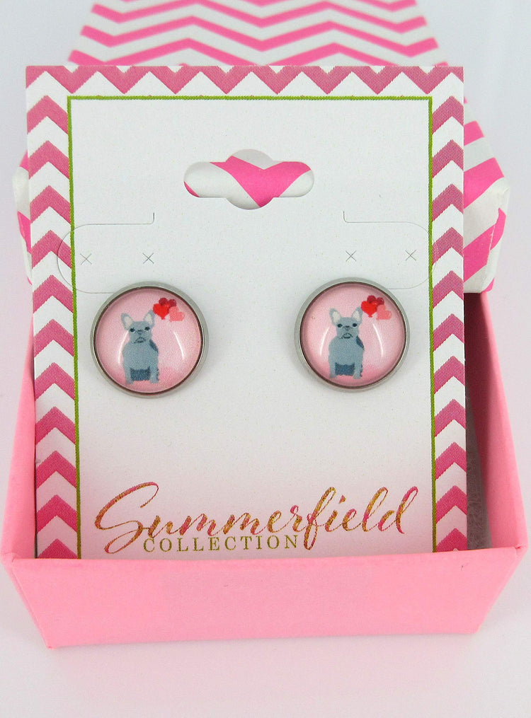 Stainless Steel Pink Gray French Bulldog Hearts Print Glass Stud Earrings 12mm