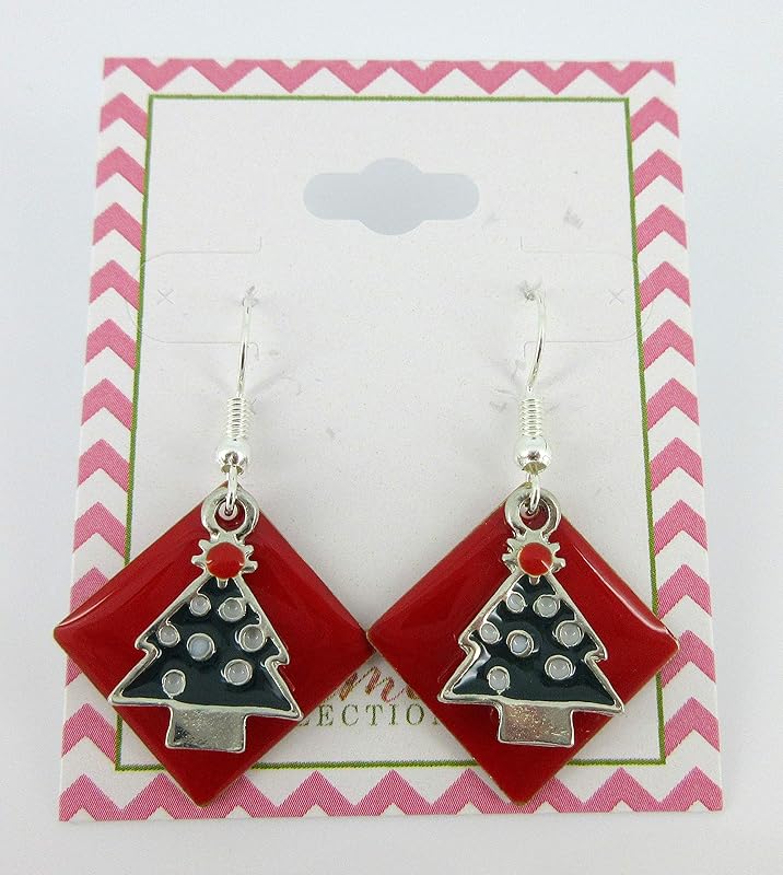 Summerfield Collection Silver-tone Red Enamel Christmas Tree Charm Dangle Earrings
