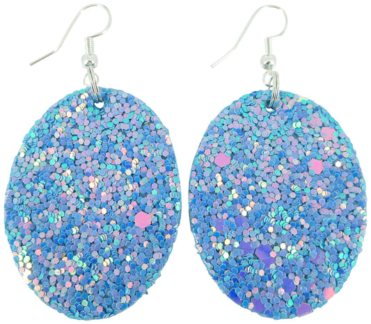 Silver-tone Glitter Faux Leather Oval Dangle Earrings (Sky Blue AB)