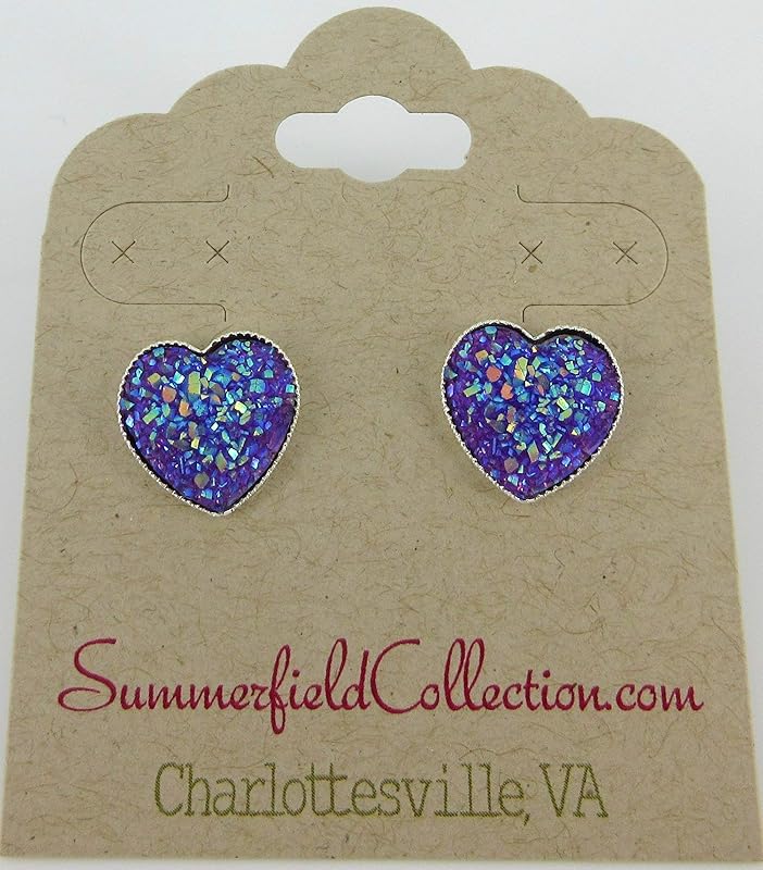 Summerfield Collection Silver-tone Heart Faux Druzy Stone Stud Earrings 12mm (Purple AB)