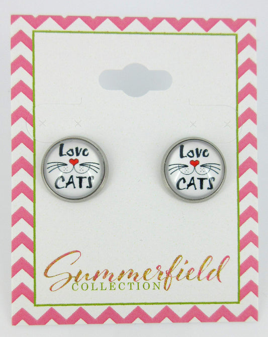 Stainless Steel Cat Lover Printed Glass Stud Earrings 12mm (Love Cats Whisker Face)