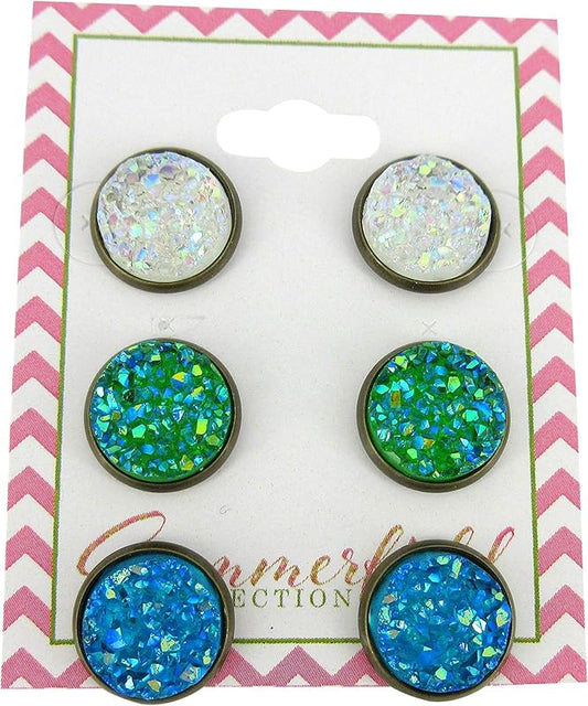 Summerfield Collection Trio Antiqued Gold-tone Stud Earrings Faux Druzy Stone Clear AB Sea Blue Green Set 12mm