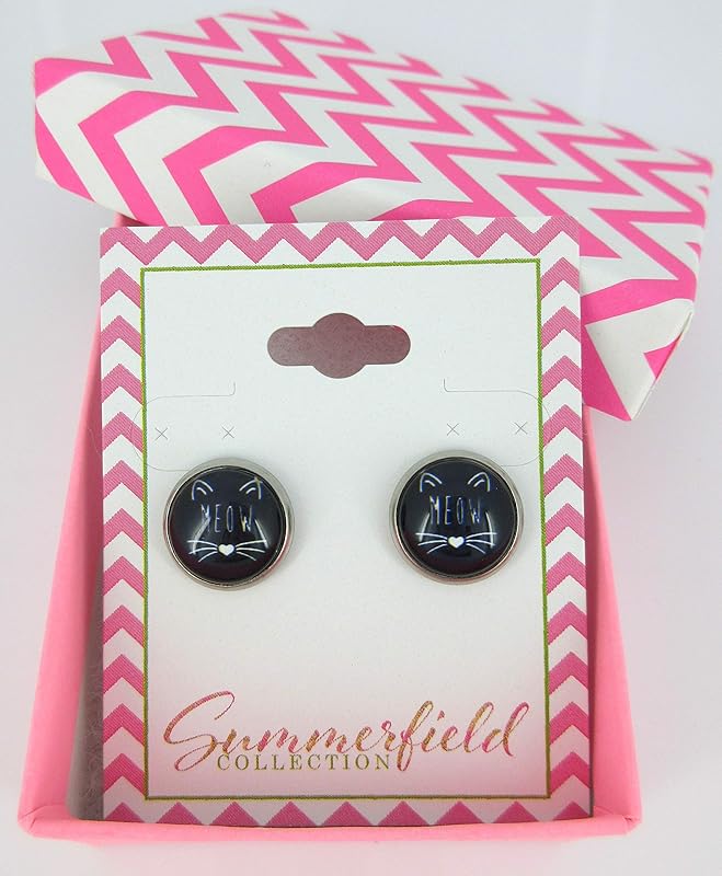 Summerfield Collection Stainless Steel Cat Lover Printed Glass Stud Earrings 12mm (Meow Cat Face)