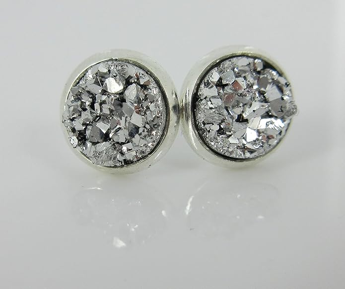 Silver-tone Metallic Faux Druzy Stone Stud Earrings 8mm (Silver)