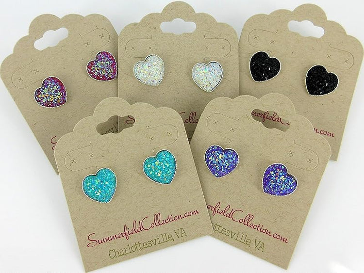 Summerfield Collection Silver-tone Heart Faux Druzy Stone Stud Earrings 12mm (Raspberry Pink AB)