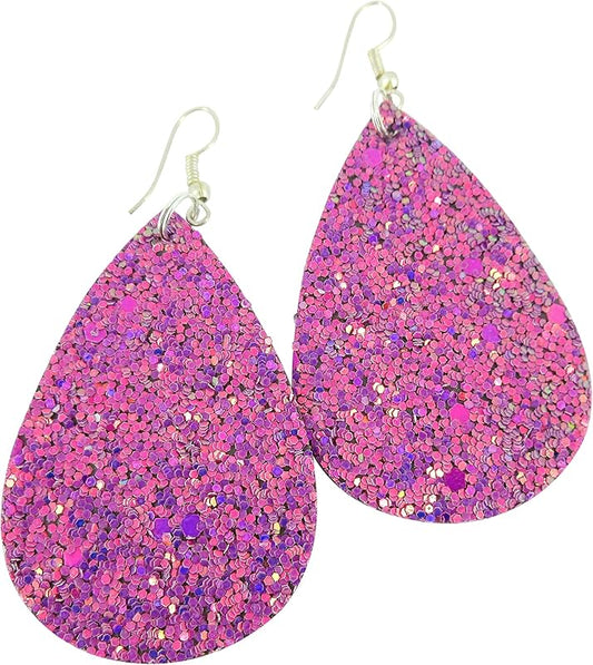 Summerfield Collection Silver-tone Glitter Faux Leather Large Teardrop Dangle Earrings (Magenta)