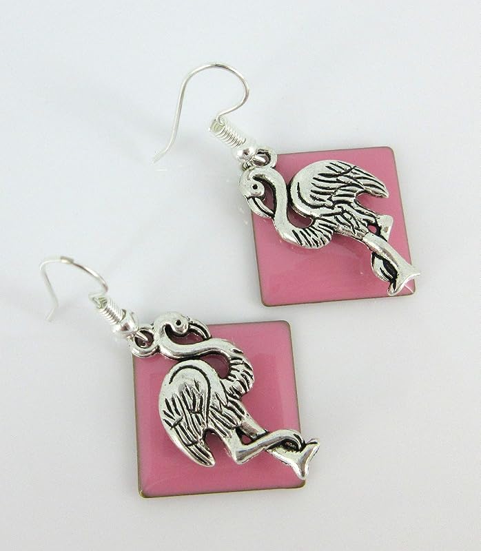 Summerfield Collection Antiqued Silver-tone Pink Enamel Flamingo Charm Dangle Earrings