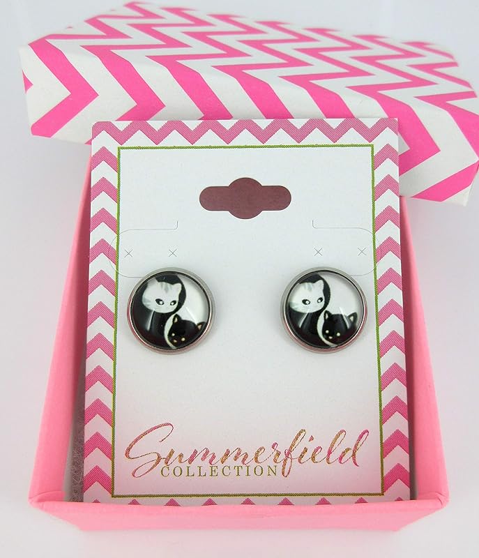 Summerfield Collection Stainless Steel Cat Lover Printed Glass Stud Earrings 12mm (Yin Yang Face)