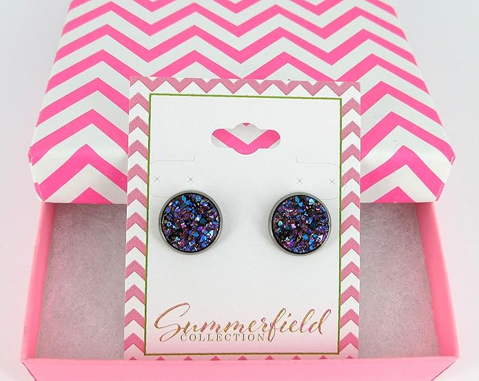 Hematite-tone Faux Druzy Stone Stud Earrings 12mm (Purple Pink and Teal)